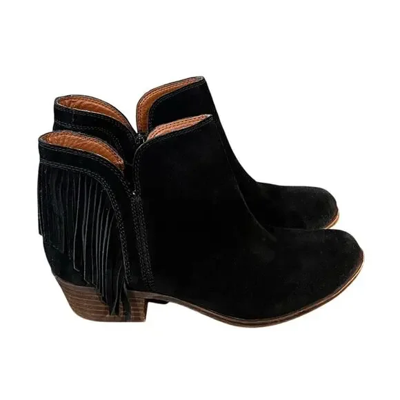 Lucky Brand Black Suede Fringe Ankle Boots Women’s Size 7 Western Boho Booties - Picture 1 of 9